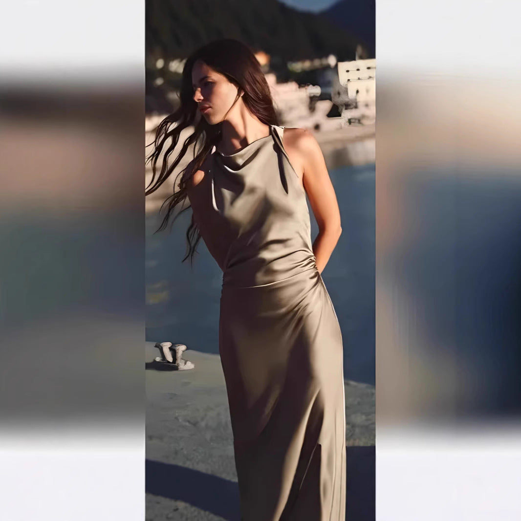 Damen Maxikleid Satin Elegant Rückenausschnitt Tief