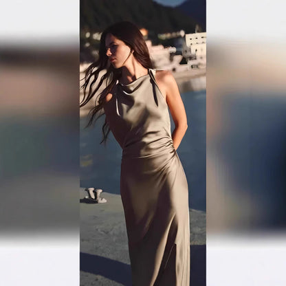 Damen Maxikleid Satin Elegant Rückenausschnitt Tief