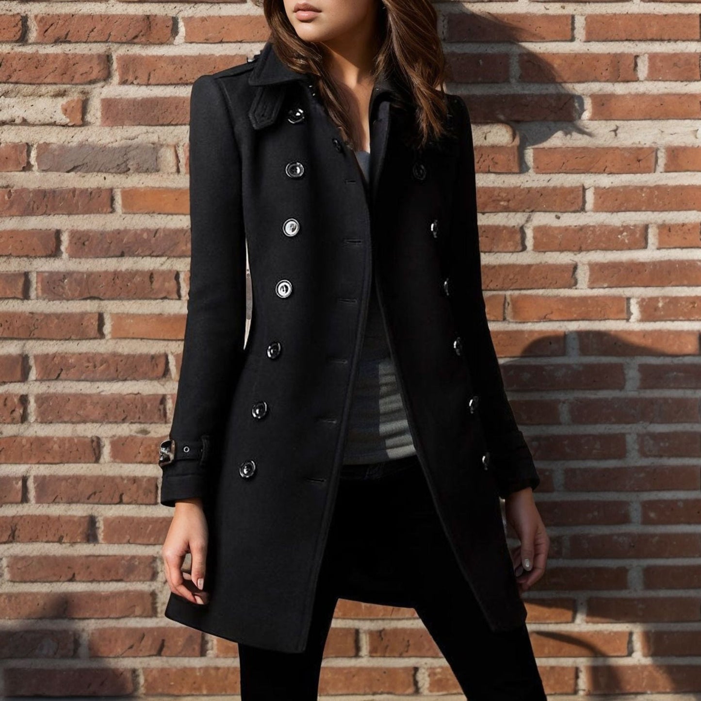 Damen Wollmantel Stylisch mit Doppelknopf Schwarz Elegante Mode