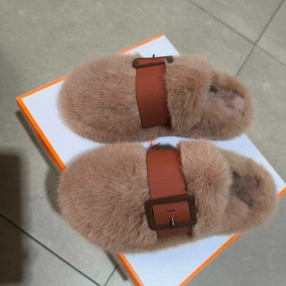 Damen Plüschpantoletten Warm mit Riemen Modern