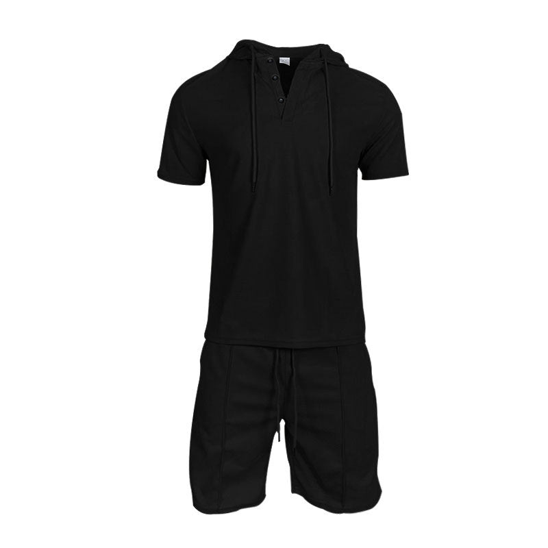 Herren Sport-Outfit Kurzarm Henley mit Kapuze und Shorts