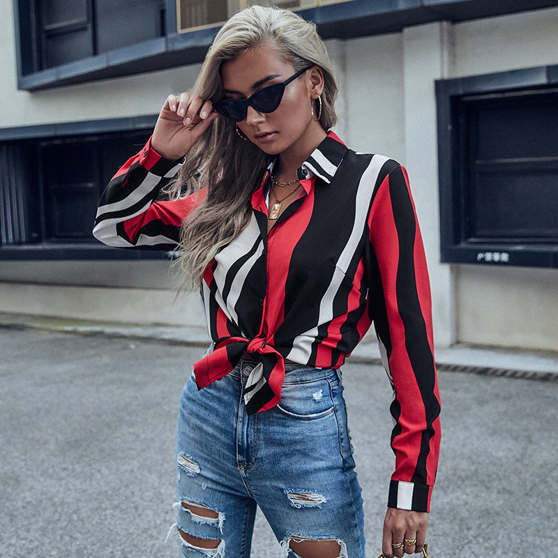Damen Bluse Wellenmuster Modern Knöpfe Langärmlig - BerlinGlamour