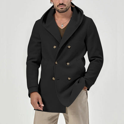 Herren Mantel Doppeltknopf Elegant mit Kapuze und Taschen