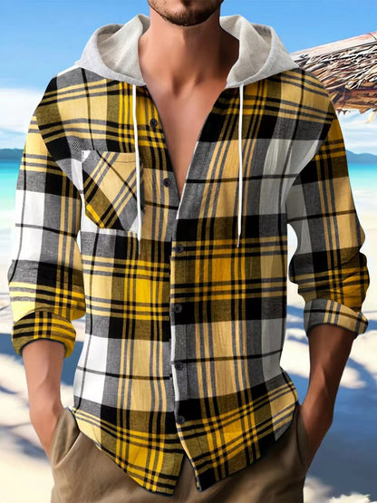Herren Kapuzenhemd Kariert Freizeitshirt Modern