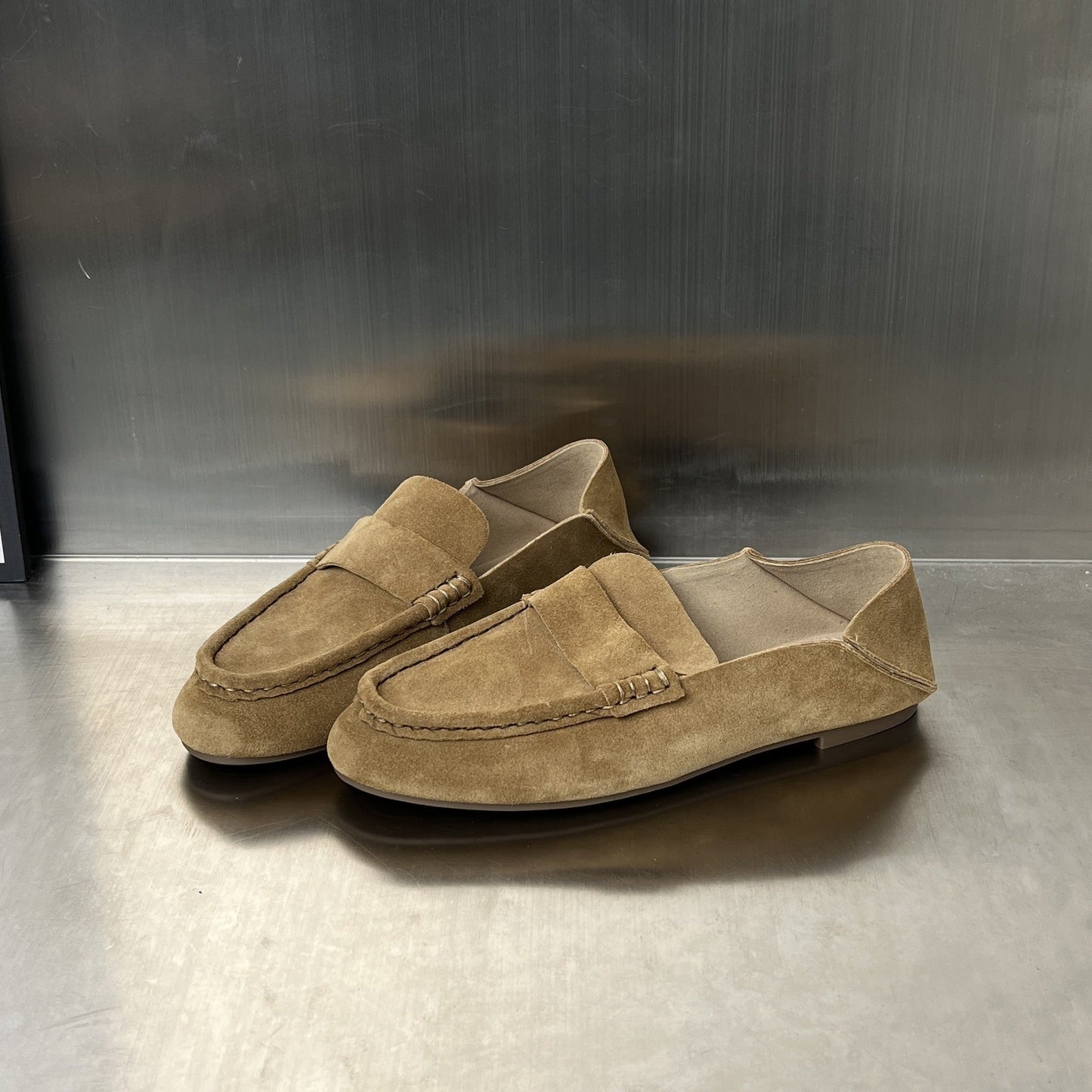 Damen Mokassins Wildleder Braun mit Dekorriemen Frauen Schuhe