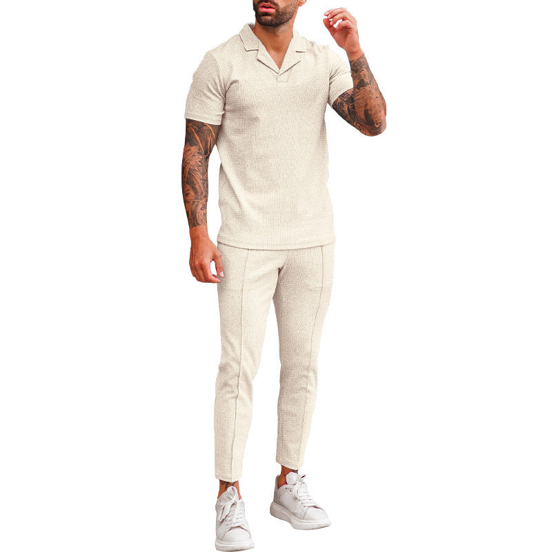 Herren Freizeit Set Kurzarm Polohemd schmale Hose Elegant