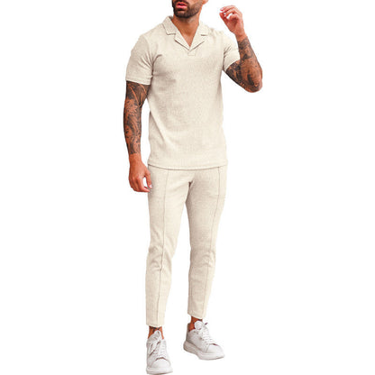 Herren Freizeit Set Kurzarm Polohemd schmale Hose Elegant