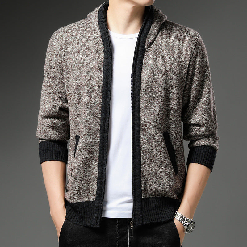 Herren Strickjacke Modern mit Kapuze Schwarz Weiß