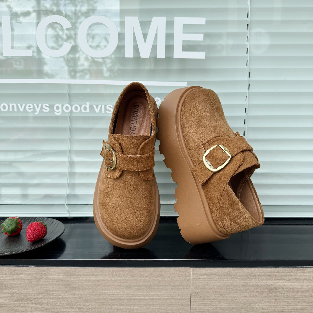 Damen Mokassins Plateau Schuhe mit Riemen Verstellbar Modern