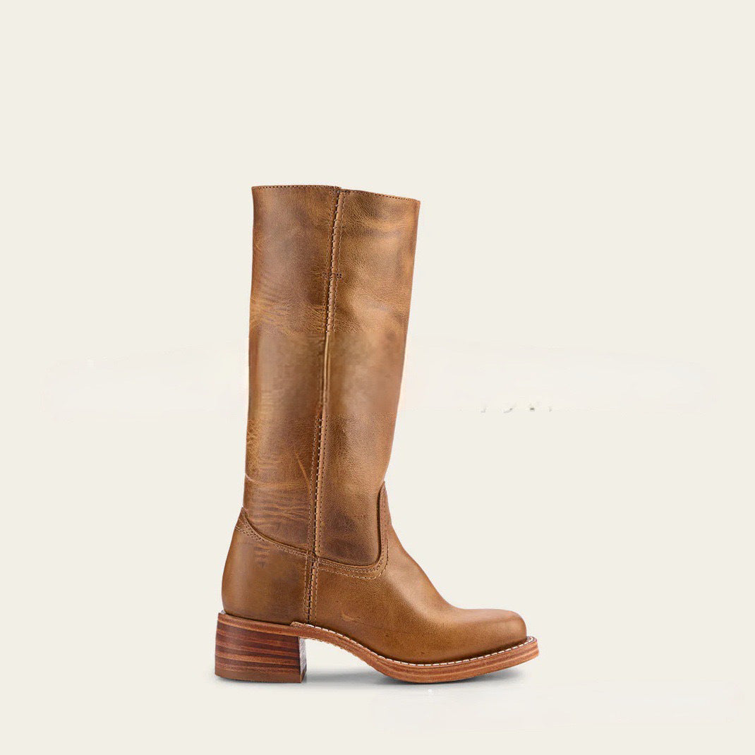 Damen Lederstiefel Westernstil Blockabsatz Schuhe