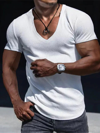 Herren T-Shirt Sportlich V-Ausschnitt Strukturiert Modern