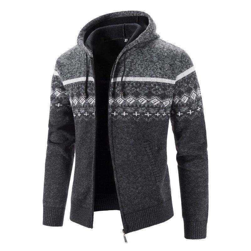 Herren Strickjacke Kapuze Elegant Grau Schwarze Muster - BerlinGlamour