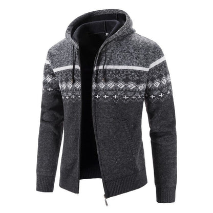 Herren Strickjacke Kapuze Elegant Grau Schwarze Muster - BerlinGlamour