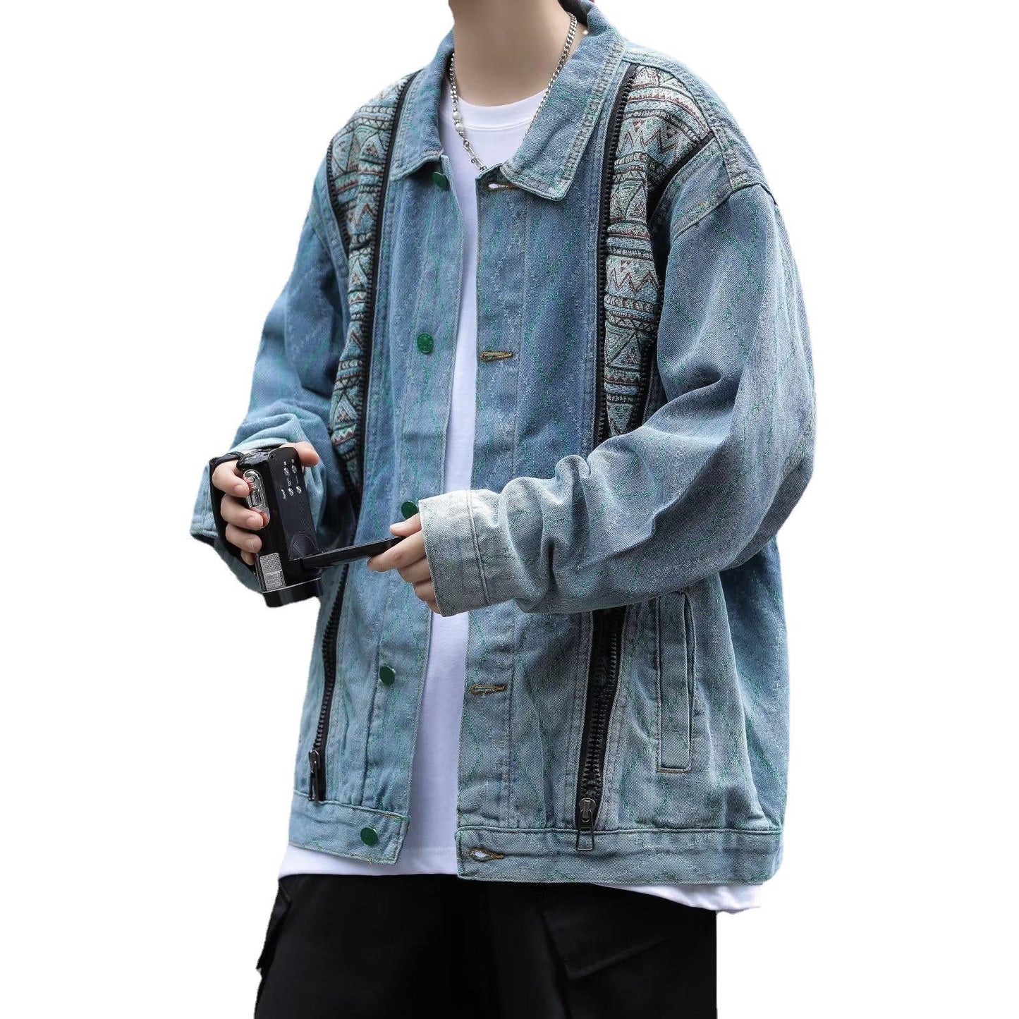 Herren Denimjacke Bunt Ethno Design Reißverschluss