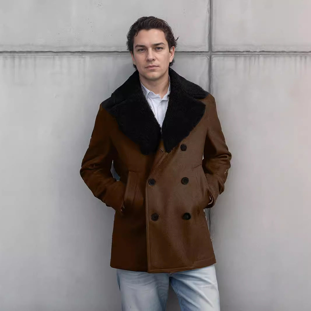 Herren Wollmantel Modern mit Kontrastkragen Schwarz