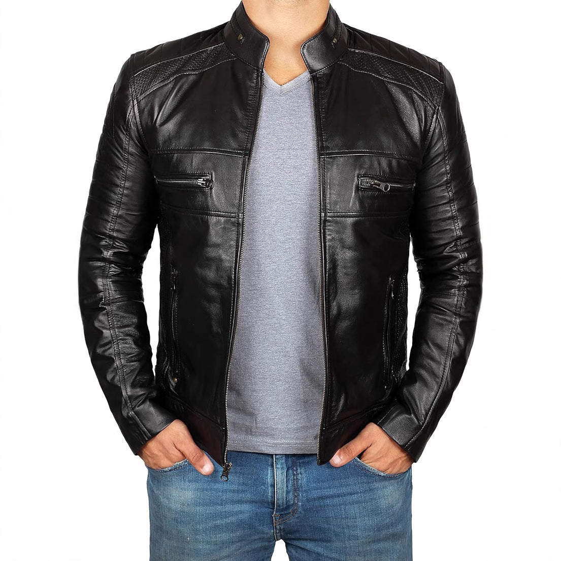 Lederjacke Herren Biker Stil Reißverschluss Taschen - BerlinGlamour