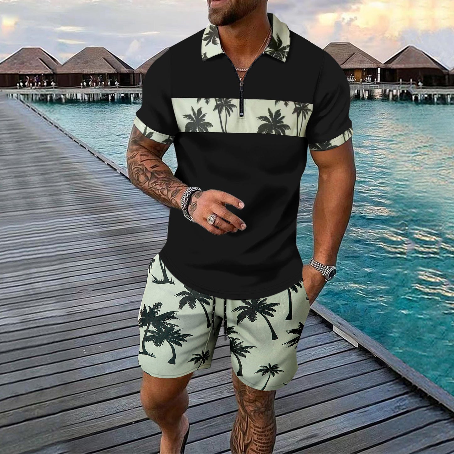 Herren Polohemd Elegant Geschnitzt mit Shorts Sommer
