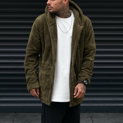 Herren Fleece-Mantel Lässig mit Kapuze und Taschen Warm