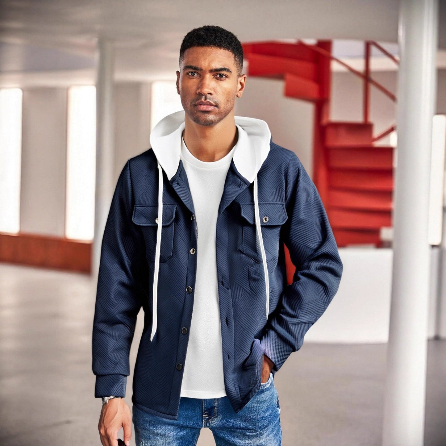 Herren Hybrid-Jacke Modern mit Abnehmbarer Kapuze und Taschen