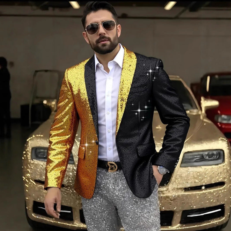 Herren Blazer Glänzend Pailletten Effekt Farbkontrast