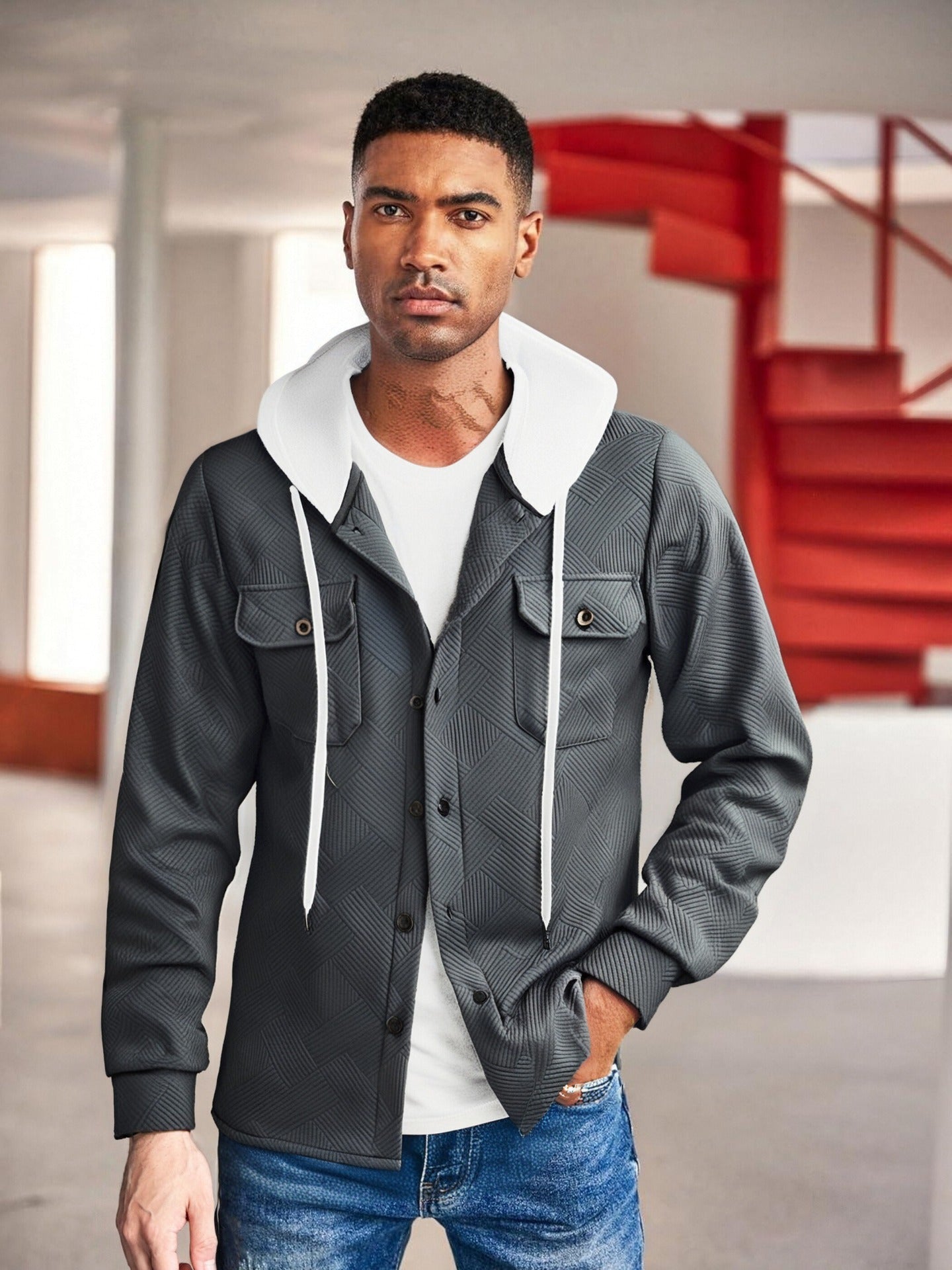 Herren Hybrid-Jacke Modern mit Abnehmbarer Kapuze und Taschen