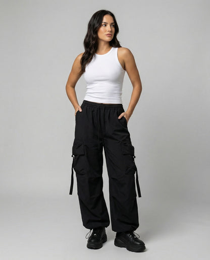 Weite Damen Cargo-Hose mit Elastikbund und Kordelzug