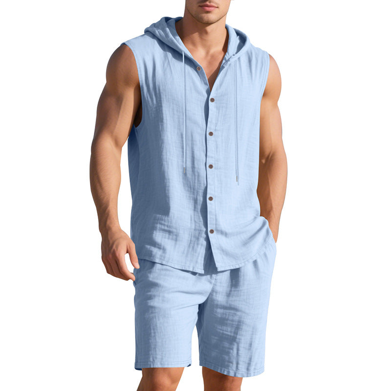 Herren Sportshemd Kurzarm mit Kapuze und Shorts Casual