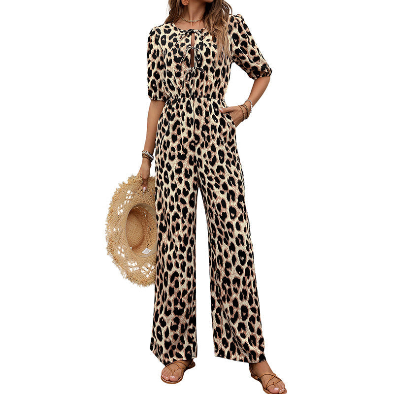Damen Jumpsuit Leo-Print Schulterfrei Elegant