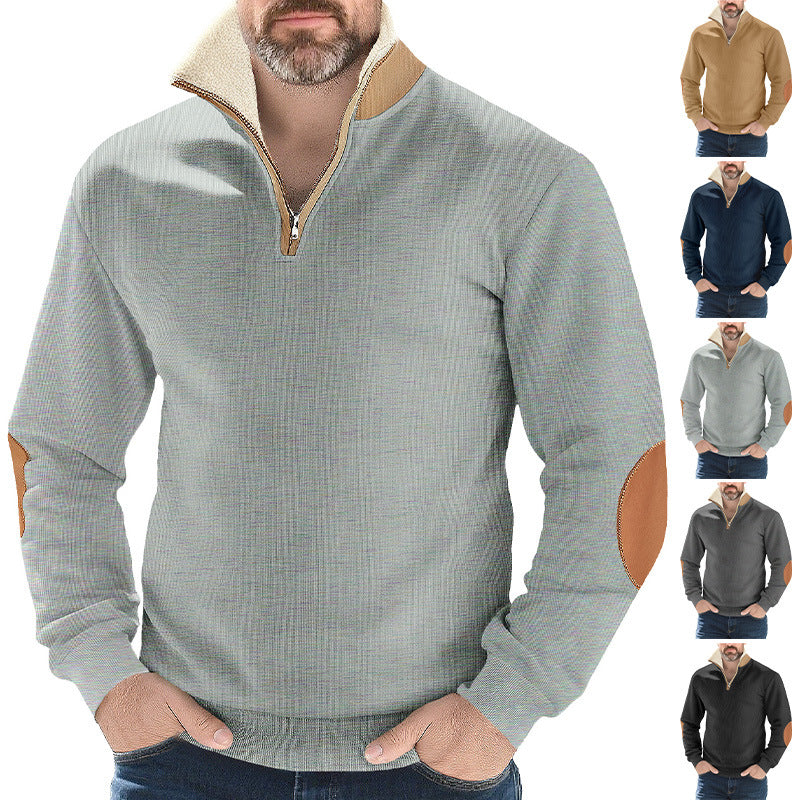 Herren Pullover Fleece Stehkragen Kontrast Ellenbogen