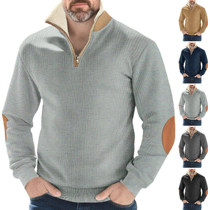 Herren Pullover Fleece Stehkragen Kontrast Ellenbogen