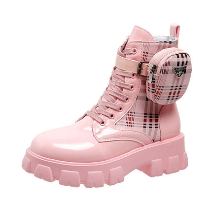 Damen Stiefel Schnürstiefel mit Seitentasche Blockabsatz