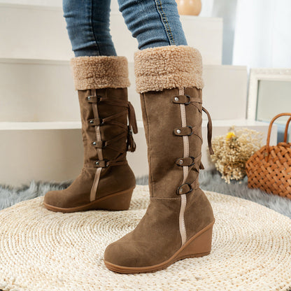 Damen Stiefel Wedge Kuschelig Schnürsenkel Hochzeitsschuhe