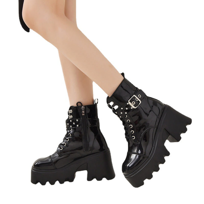 Damen Stiefeletten High-Top Plateau Schnalle Robust