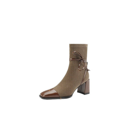 Damen Stiefeletten Karomuster Schnürstiefeletten Elegante Mode