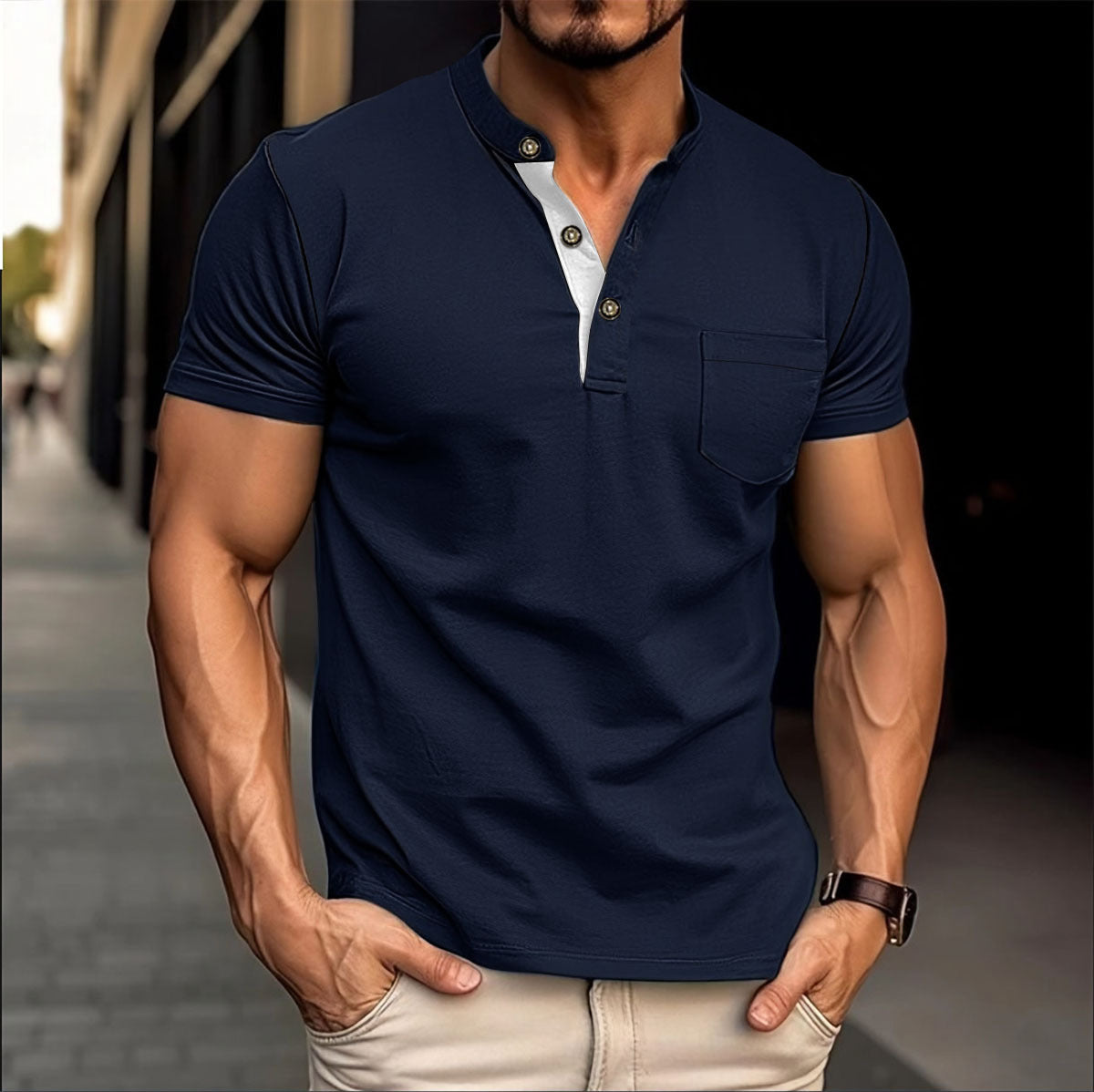 Herren Polo-Shirt Modern Stehkragen Knöpfe Elegant