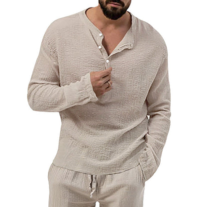 Herren Langarmshirt Waffel-Design Knopfleiste Modern