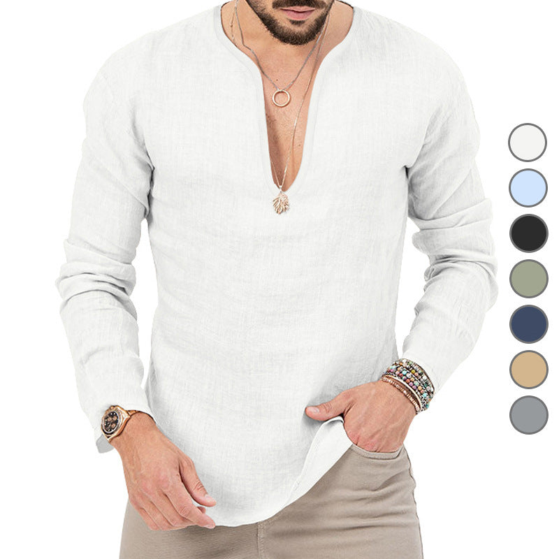 Leinen-Hemd Herren Baumwolle Relaxed Fit V-Ausschnitt - BerlinGlamour