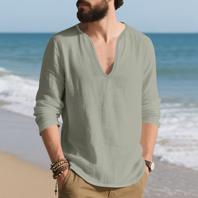 Herren Langarmshirt V-Ausschnitt Baumwoll Modern