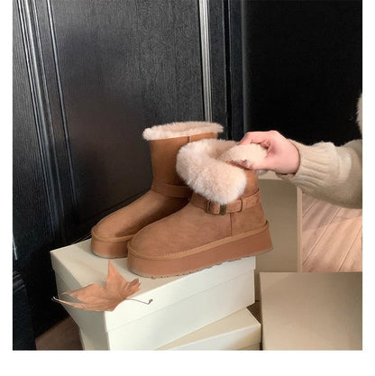 Damen Stiefel Booties mit Weichem Fellkragen Schnallenverschluss