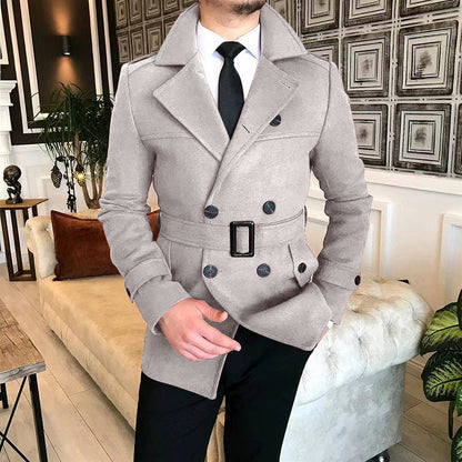 Herren Mantel Elegant Melton mit Gürtel Schwarz Modern