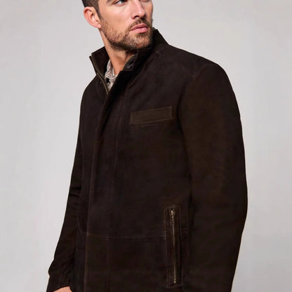 Herren Lederjacke Klassisch Stehkragen Ledermantel Schwarz