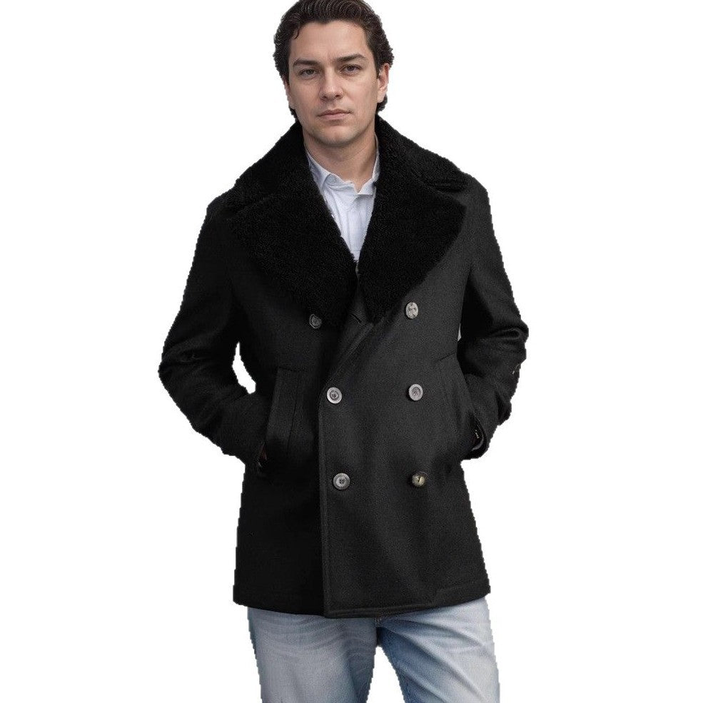 Herren Mantel Eleganter Wolle Fellkragen Schwarz