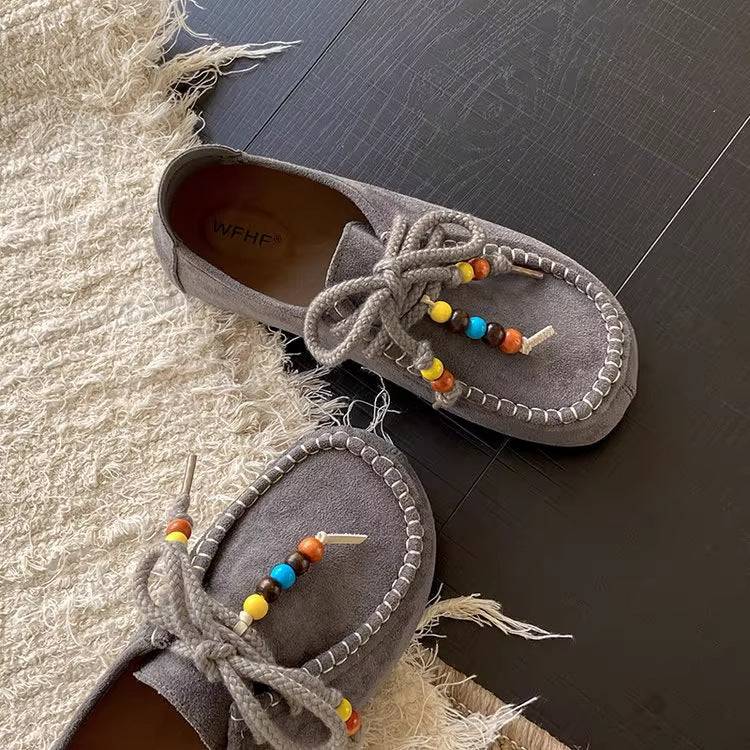 Damen Mokassins Weich Wildleder Perlen Schuhe Modern
