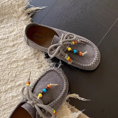 Damen Mokassins Weich Wildleder Perlen Schuhe Modern
