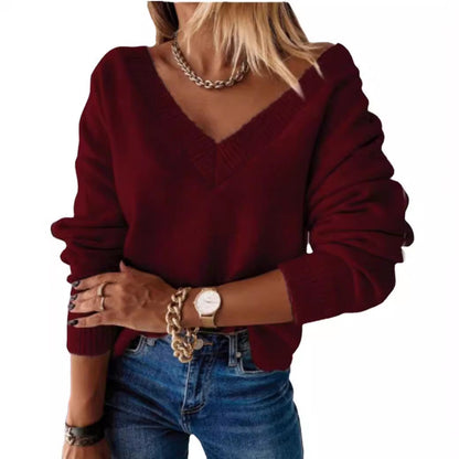 Damen Pullover Weich Lässig V-Ausschnitt Strick