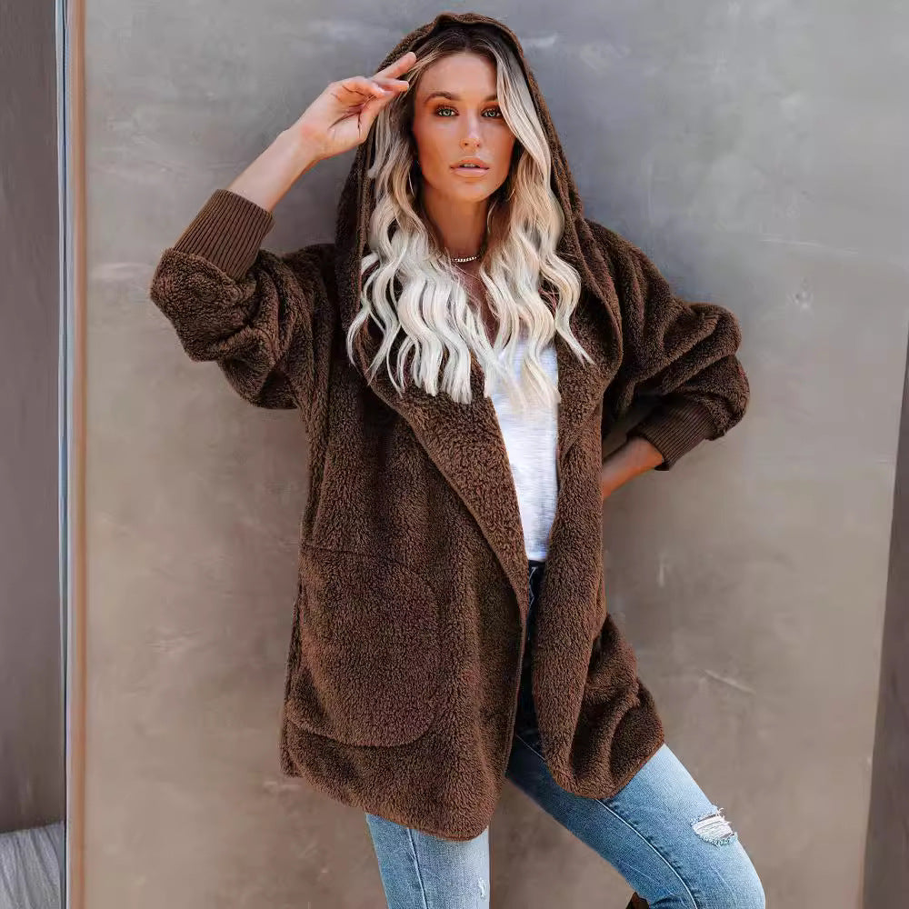 Damen Kapuzenjacke Warm Flauschig mit Taschen