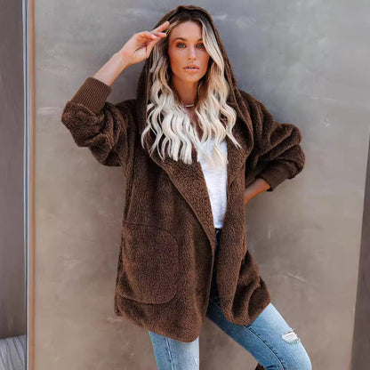 Damen Kapuzenjacke Warm Flauschig mit Taschen