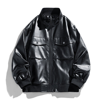 Herren Lederjacke Modern mit Ledertaschen Schwarz Glamour