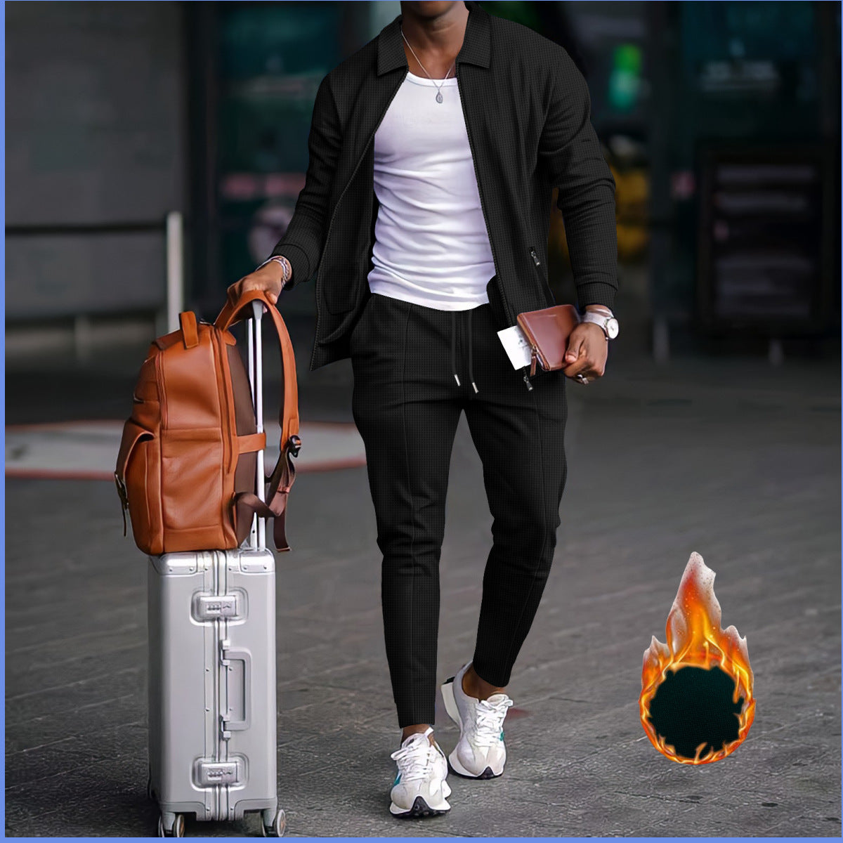 Für eine Online-Shop-Beschreibung könnte man sagen: Moderne Reisedecknjacke mit funktionalen Taschen und elastischem Bund, perfekt für den modischen Reisenden. 

Oder man könnte auch