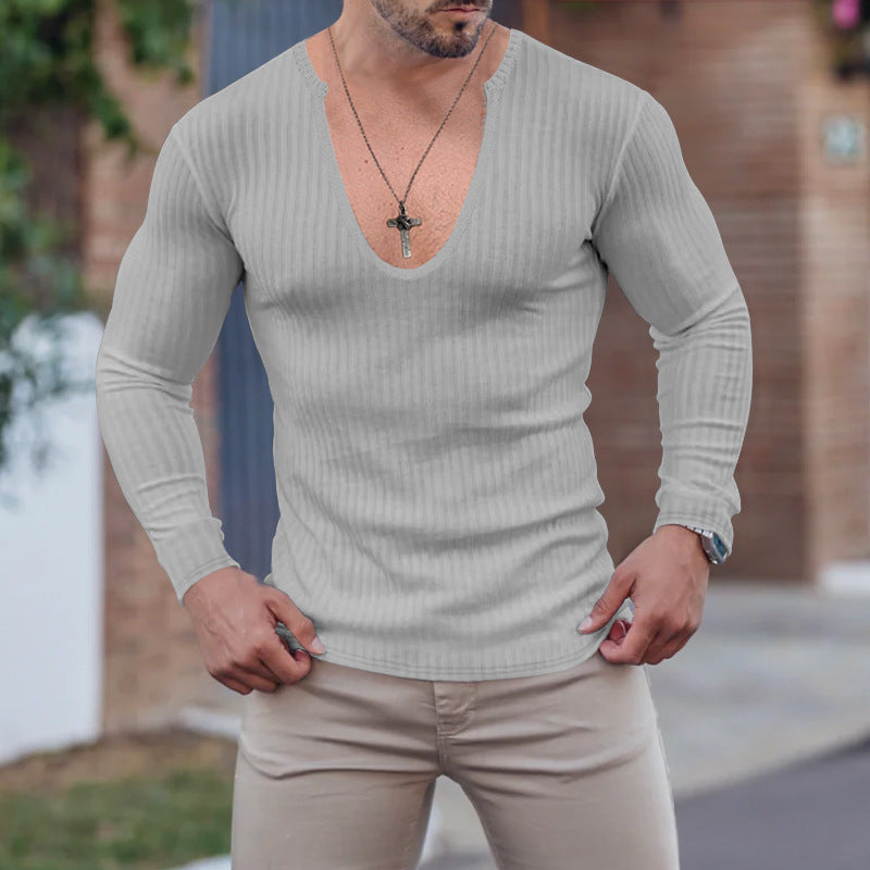 Herren Langarm-Shirt V-Ausschnitt Strukturiert Modern Trendy